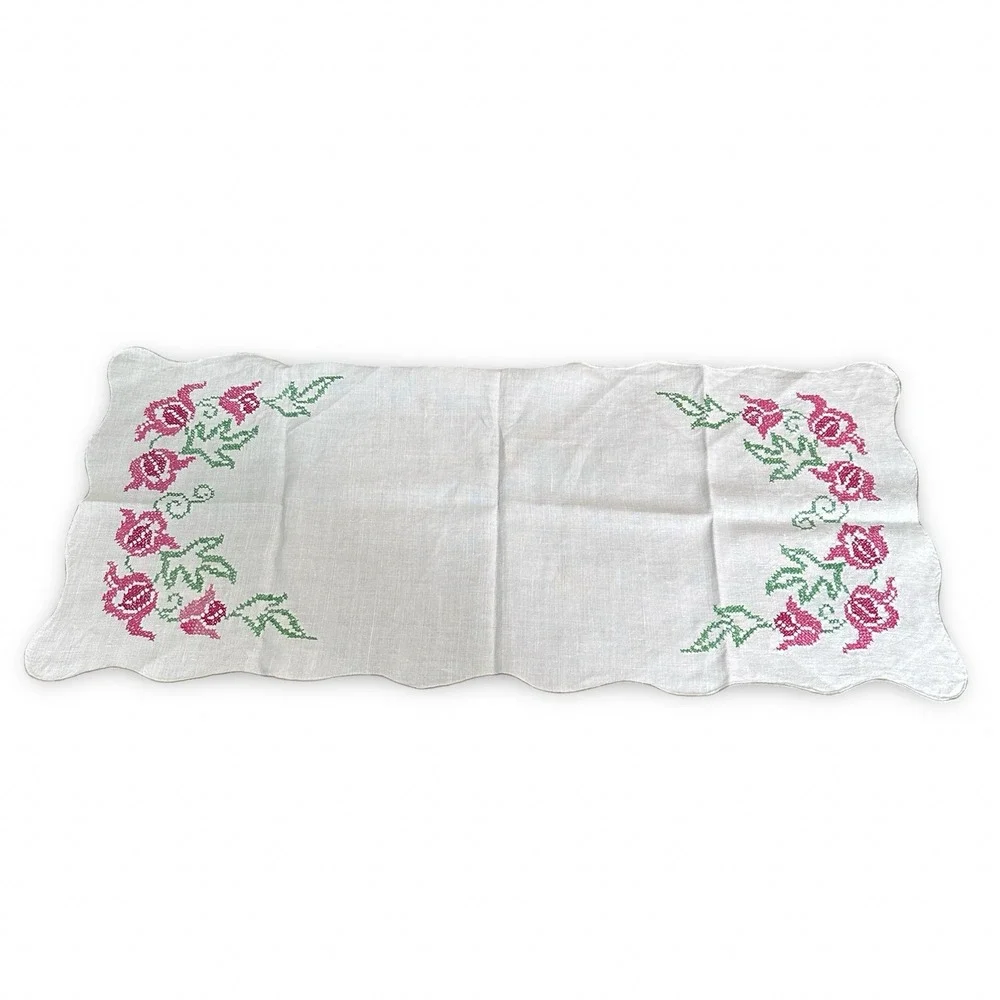 Vintage Hand Embroidered Floral Table Runner White Pink Green Gray Scalloped 33